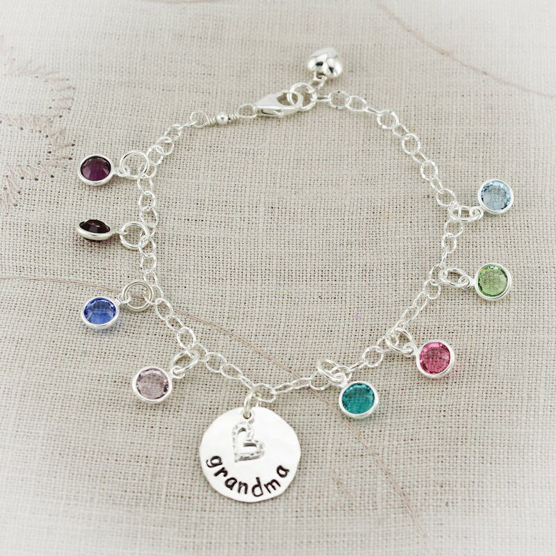 Grandmother or Mother Personalized Bracelet with Birthstones - Hand Stamped in Sterling Silver