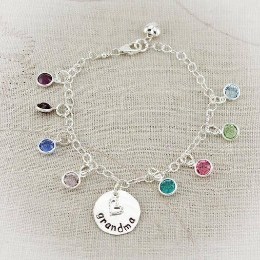 Grandmother or Mother Personalized Bracelet with Birthstones - Hand Stamped in Sterling Silver