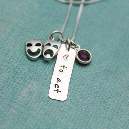 Love to Act Theater Actor Necklace, Personalized Theater Acting Necklace, Comedy Tragedy Charm Sterling Silver Personalized Hand Stamped