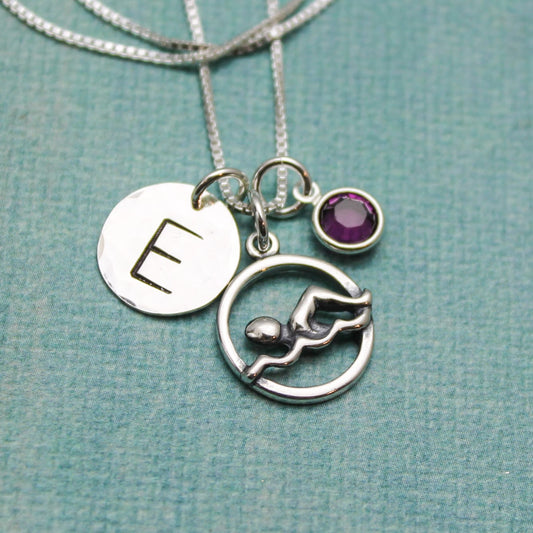 Personalized Swimmer Charm Necklace, Swimming Necklace, Swim Team Jewelry, Swimmer Jewelry, Initial and Birthstone, Hand Stamped Necklace