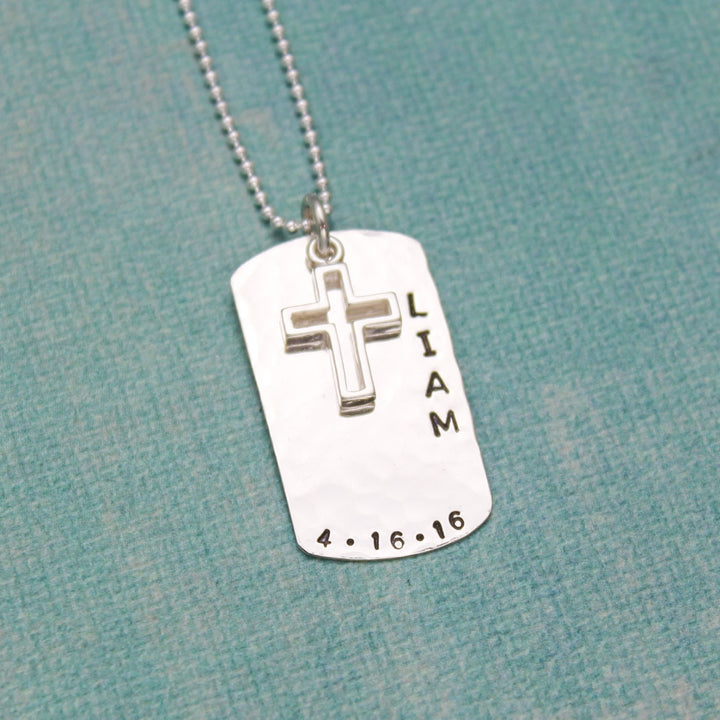 Personalized Boys Confirmation Necklace or First Communion Necklace, Personalized Dog Tag Cross Necklace, Hand Stamped Jewelry