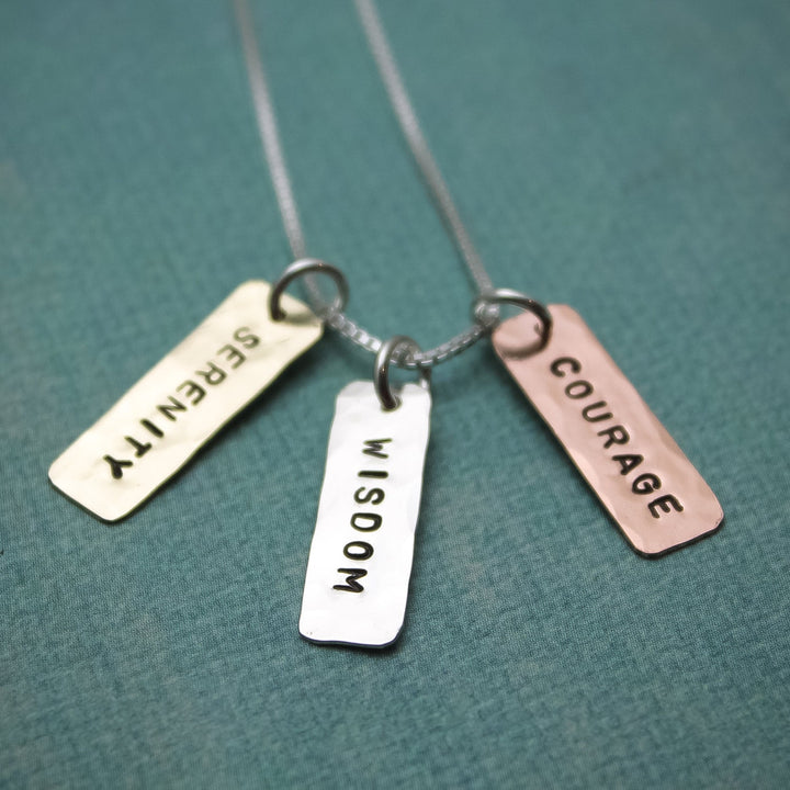 Serenity Prayer Necklace Mixed Metals Tiny Copper Brass Silver Tags Hand Stamped Jewelry