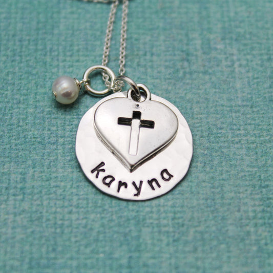 Personalized Confirmation Necklace or First Communion Jewelry Cross Necklace in Sterling Silver, Cross Necklace, Cross Jewelry, Hand Stamped