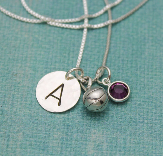 Basketball Charm Necklace Sterling Silver with Birthstone and Initial Personalized Hand Stamped Necklace