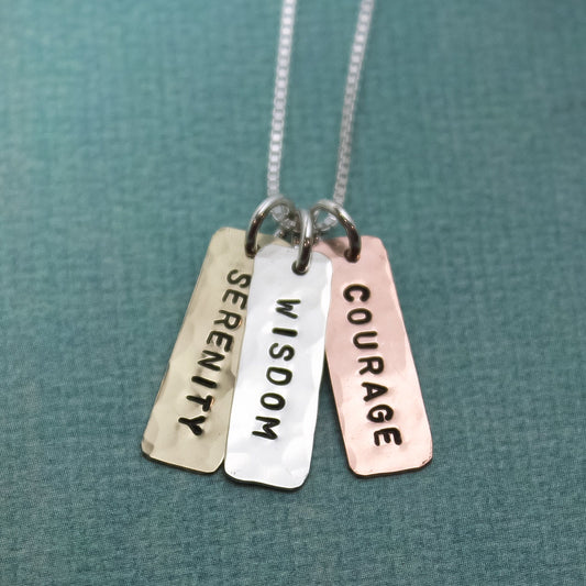 Serenity Prayer Necklace Mixed Metals Tiny Copper Brass Silver Tags Hand Stamped Jewelry