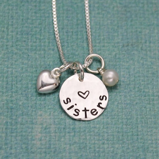 Sisters Charm Necklace Sterling Silver Personalized with Heart Charm and Pearl Hand Stamped Jewelry