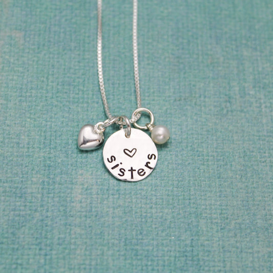 Sisters Charm Necklace Sterling Silver Personalized with Heart Charm and Pearl Hand Stamped Jewelry