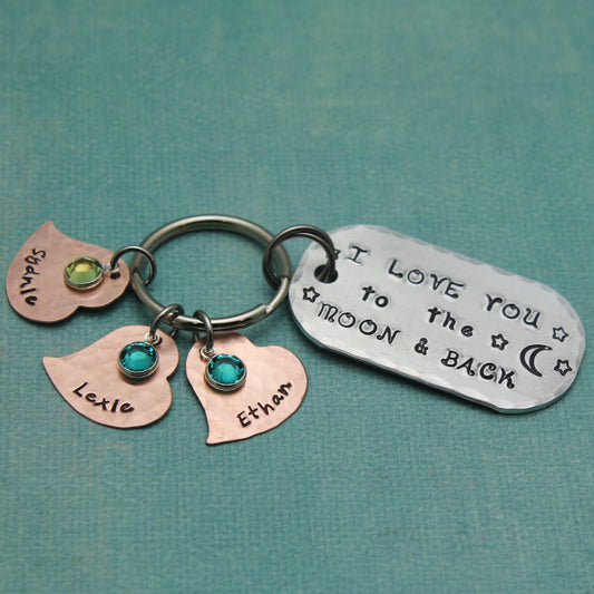 I LOVE you to the MOON and Back Key Chain Hand Stamped Personalized Aluminum and Copper Key Chain Hand Stamped Personalized Key Chain