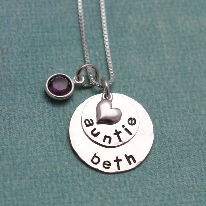 AUNT Layered NECKLACE Sterling Silver with Birthstones Personalized Auntie Gift Hand Stamped Jewelry
