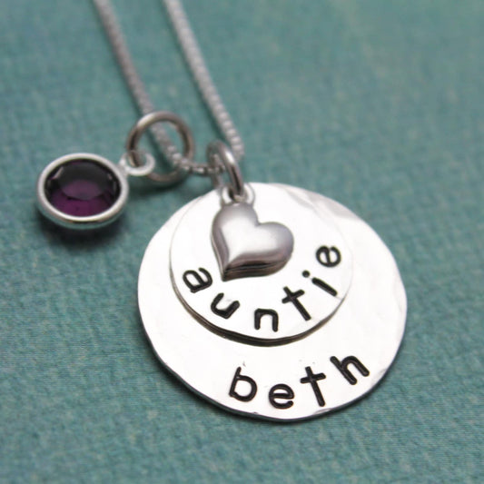 AUNT Layered NECKLACE Sterling Silver with Birthstones Personalized Auntie Gift Hand Stamped Jewelry