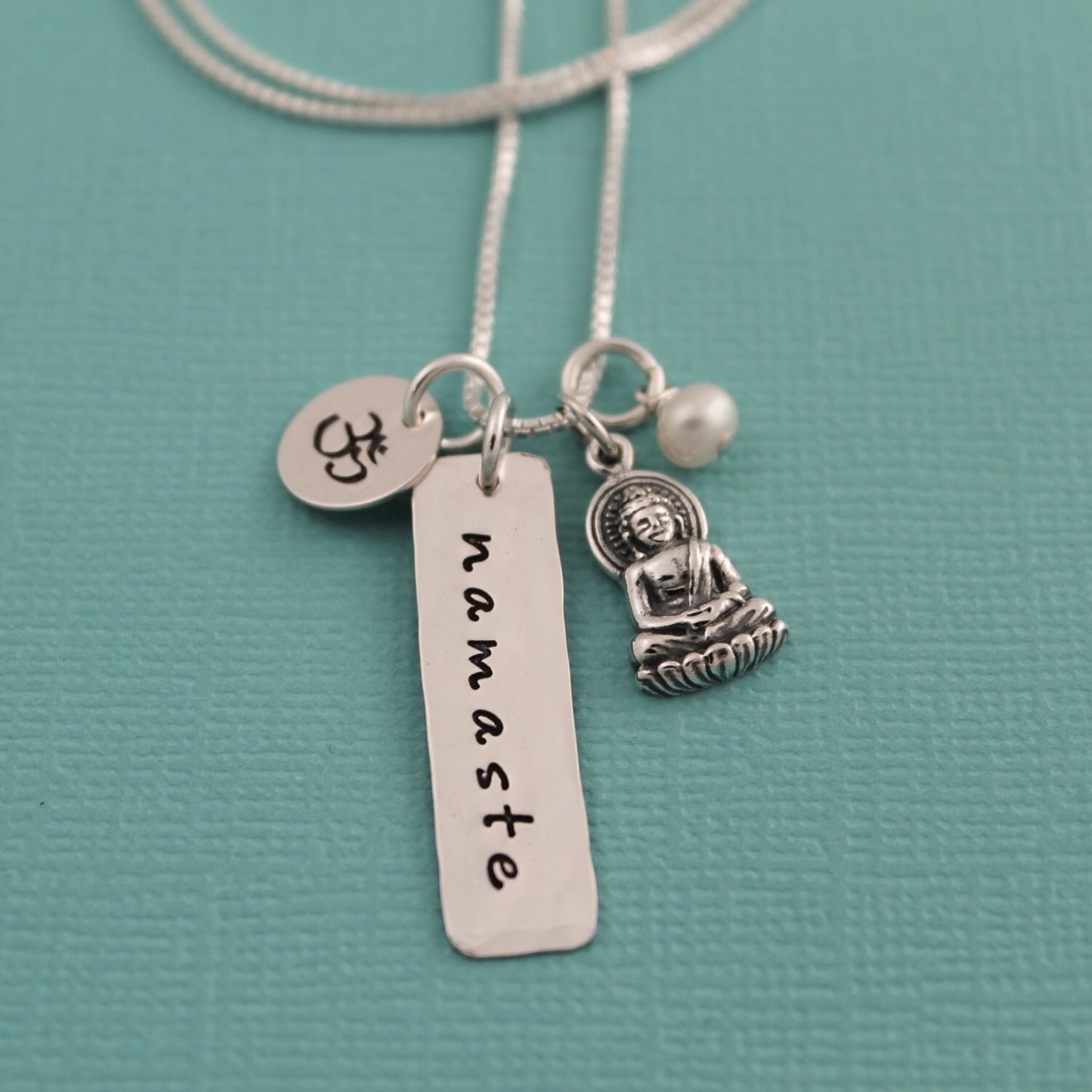 Yoga, Namaste or Breathe Ohm Buddha Necklace with Pearl in Sterling Silver Hand Stamped Jewelry