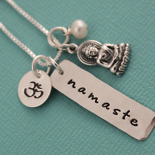 Yoga, Namaste or Breathe Ohm Buddha Necklace with Pearl in Sterling Silver Hand Stamped Jewelry