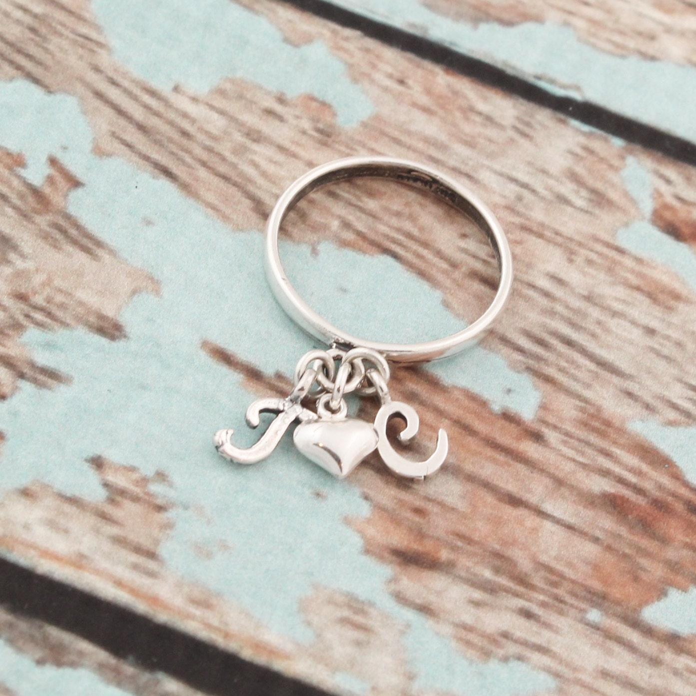Initial Charm Ring. Sterling Silver Initial Ring. Dangle Ring. Personalized Jewelry. Initial Jewelry.