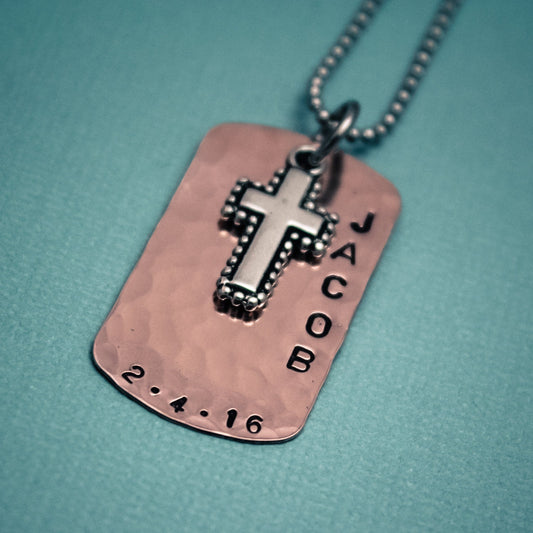 Boys Cross Necklace,First Communion Gift, Copper Dog Tag Cross Necklace for Boys, Personalized