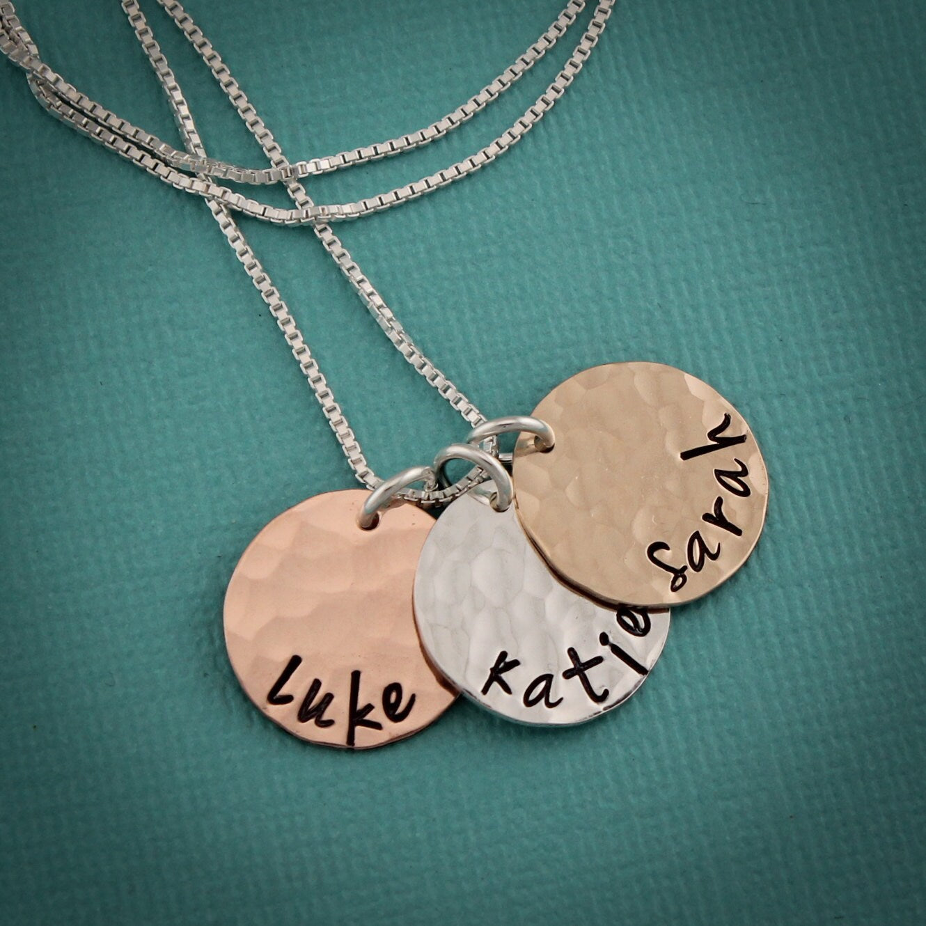 Mother's Necklace, Personalized Necklace, Three Discs Necklace, Mixed Metals Necklace, Hand Stamped Jewelry