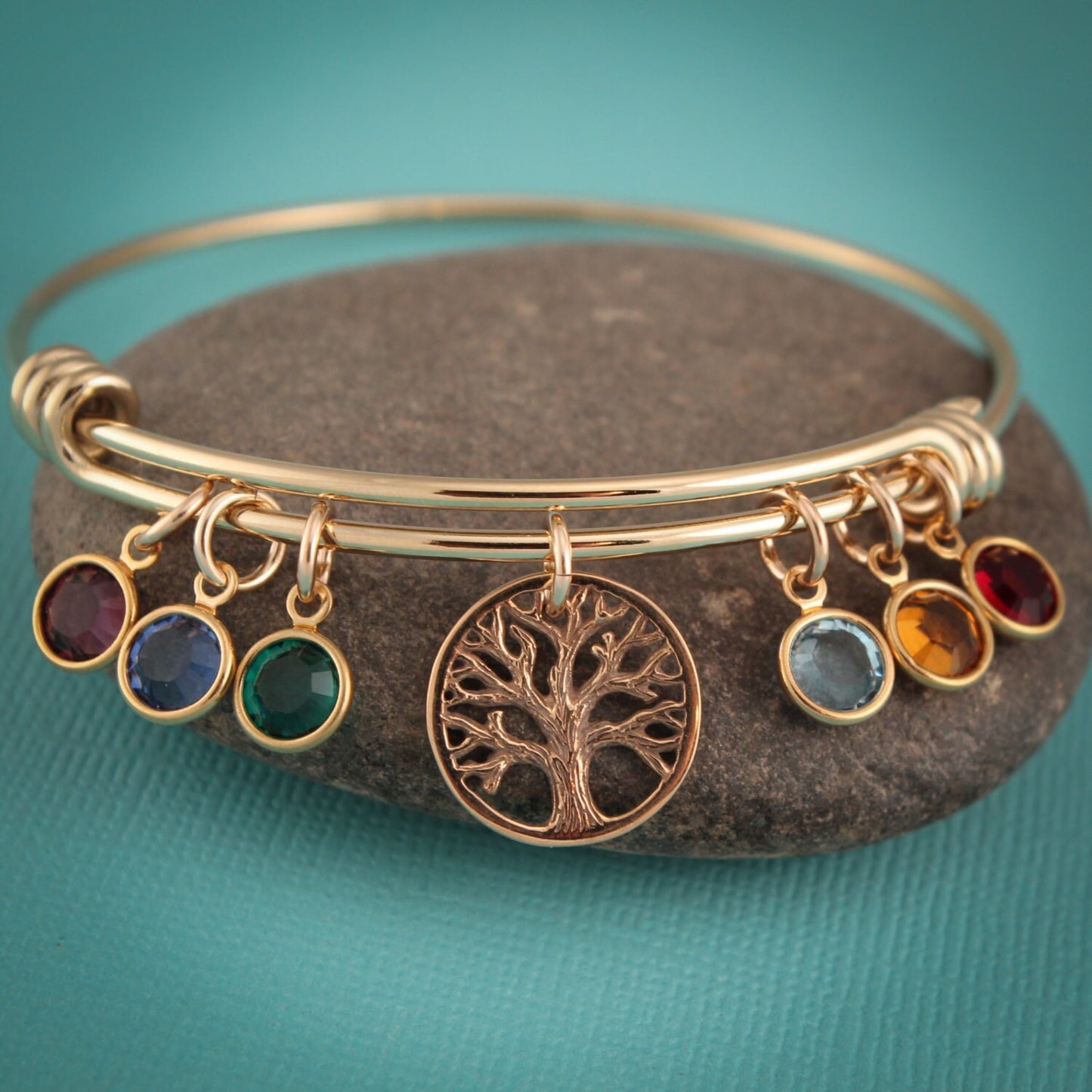 Personalized Family Tree Bangle, Gold Bangle, Tree of Life Bracelet, Mother's Birthstone Bangle, Grandmother Bangle, Mother's Day Gift