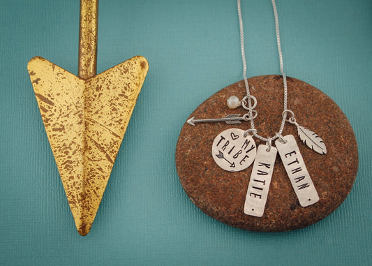 Personalized My Tribe Necklace, Mother's Necklace, My Tribe Necklace with Arrow and Feather Charm,  Hand Stamped Personalized Jewelry
