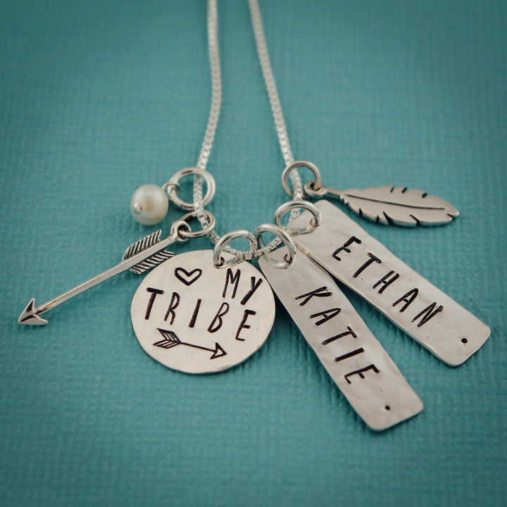 Personalized My Tribe Necklace, Mother's Necklace, My Tribe Necklace with Arrow and Feather Charm, Hand Stamped Personalized Jewelry