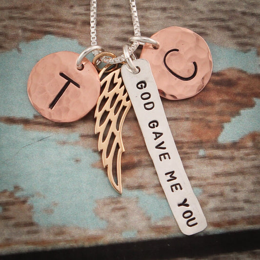 Sterling Silver, Copper, Bronze Personalized Family Necklace God Gave Me You Hand Stamped Jewelry