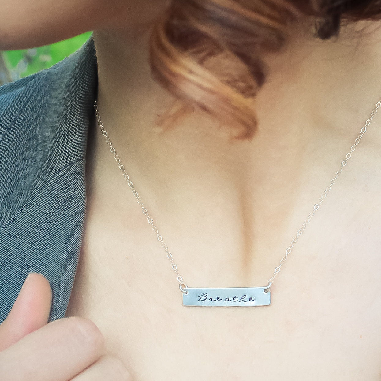 Sterling Silver Breathe Bar Necklace, Just Breathe Necklace, Personalized Bar Necklace, Silver Bar Necklace, Unique Hand Stamped Jewelry