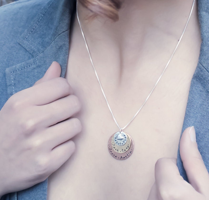 Mixed Metal Personalized Necklace, 3 Discs, Sterling Silver, Brass, & Copper, Mother's Necklace