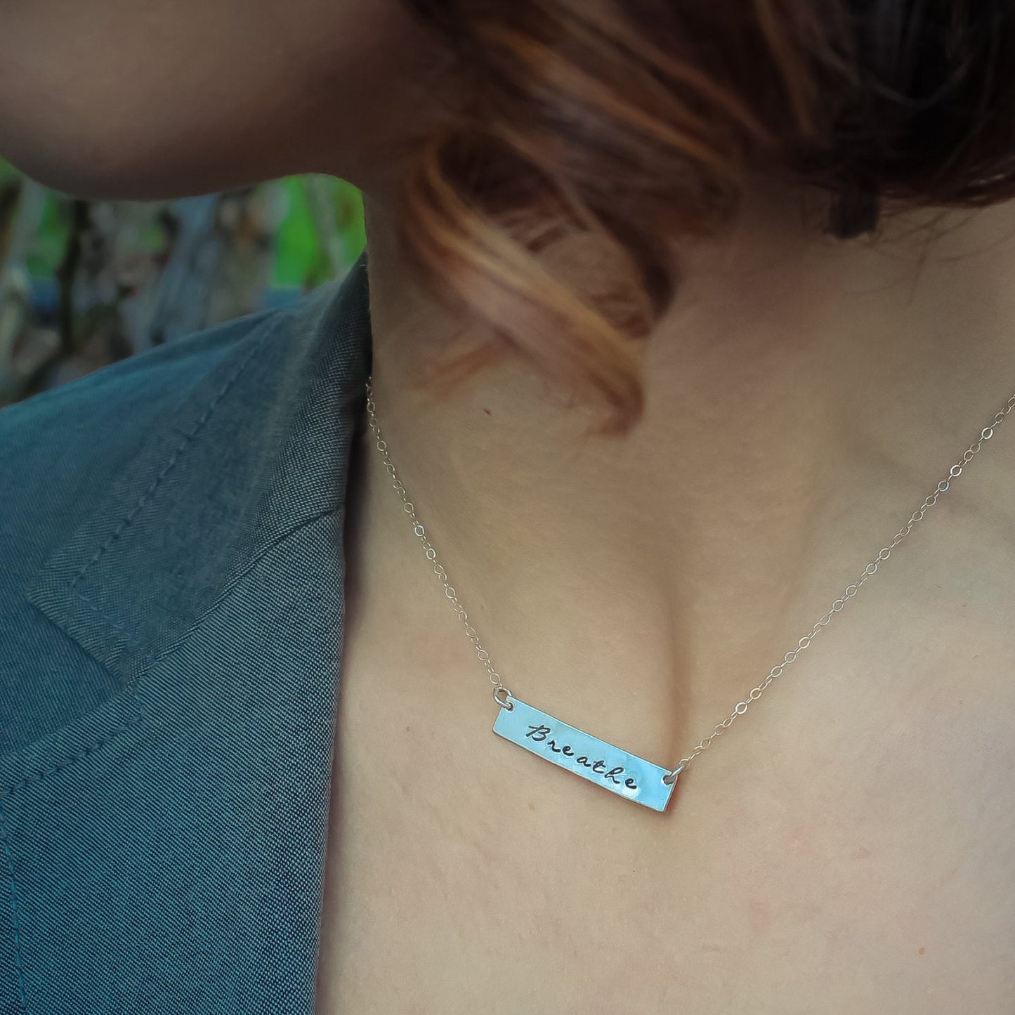 Sterling Silver Breathe Bar Necklace, Just Breathe Necklace, Personalized Bar Necklace, Silver Bar Necklace, Unique Hand Stamped Jewelry