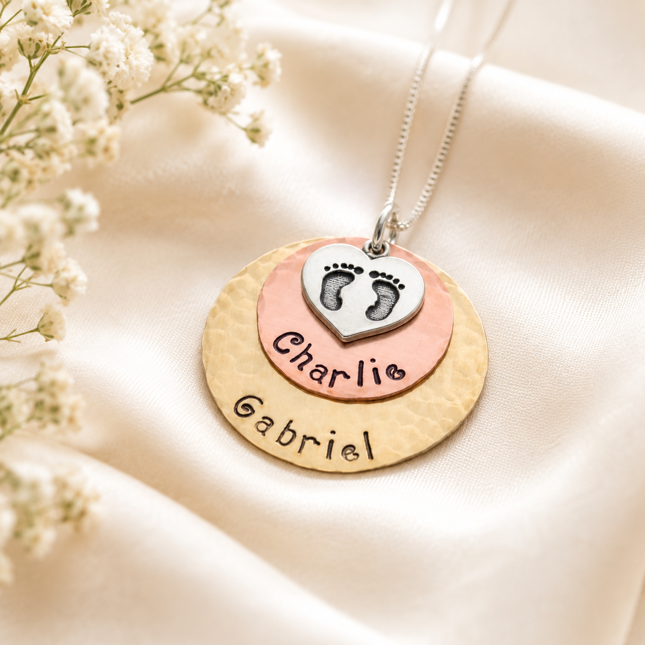 2 Two Disc Copper and Brass Baby Feet Necklace