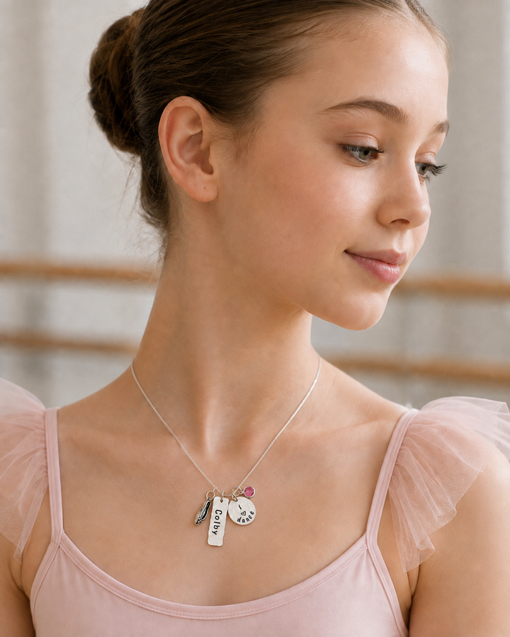Ballet Dancer Charm Necklace with name and birthstone