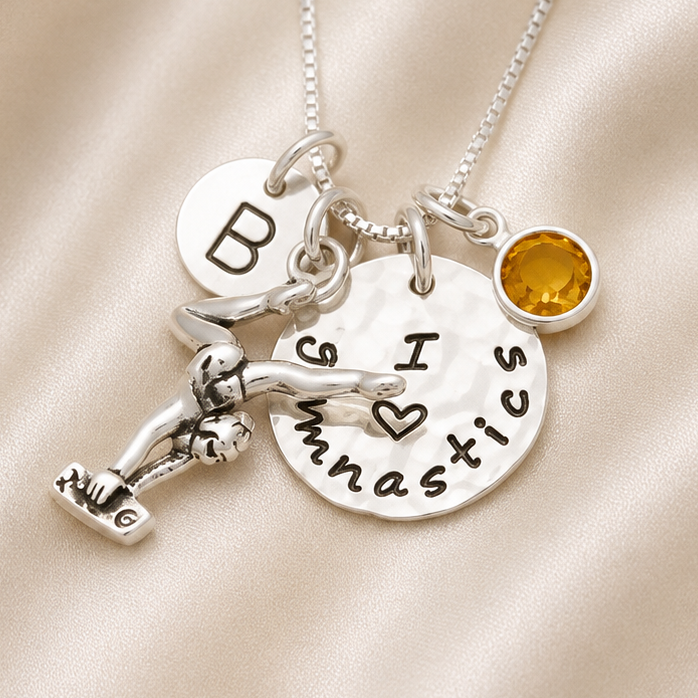 Gymnastics Necklace with Birthstone and Initial Personalized Sterling Silver