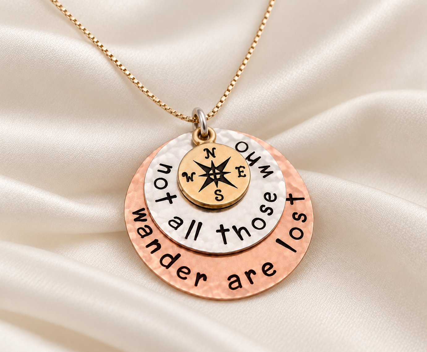 Compass Necklace - Not All Those Who Wander Are Lost Necklace in Sterling Silver, Copper, Brass