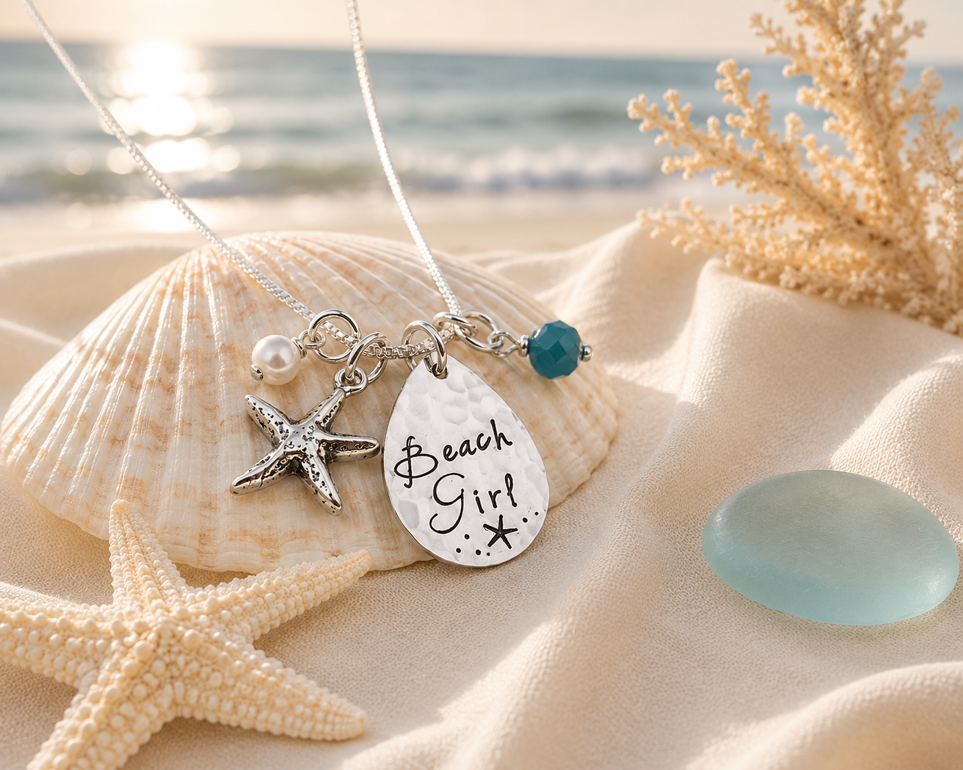 BEACH GIRL Teardrop Starfish Necklace in Sterling Silver