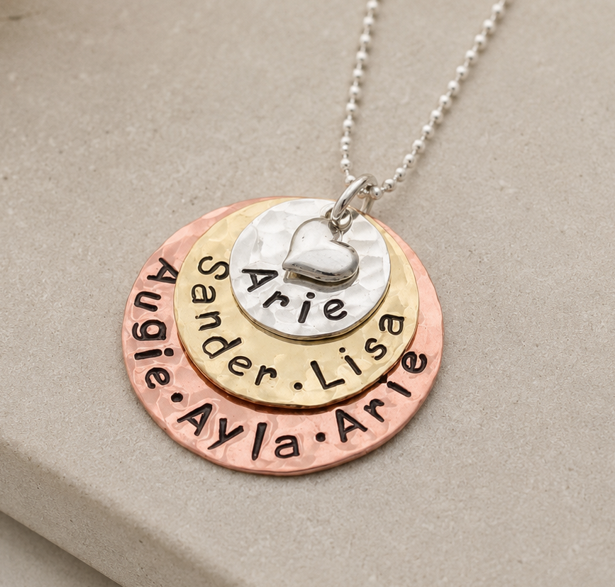 Layered Mom Necklace in Silver, Copper and Brass