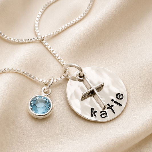 Cross Necklace with Name and Birthstone