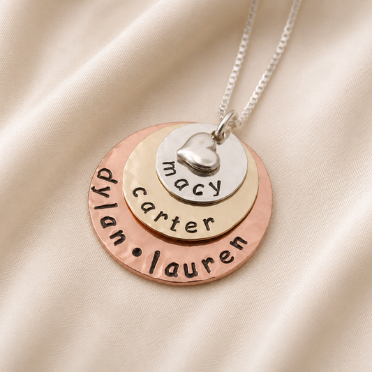 Layered Mom Necklace in Silver, Copper and Brass