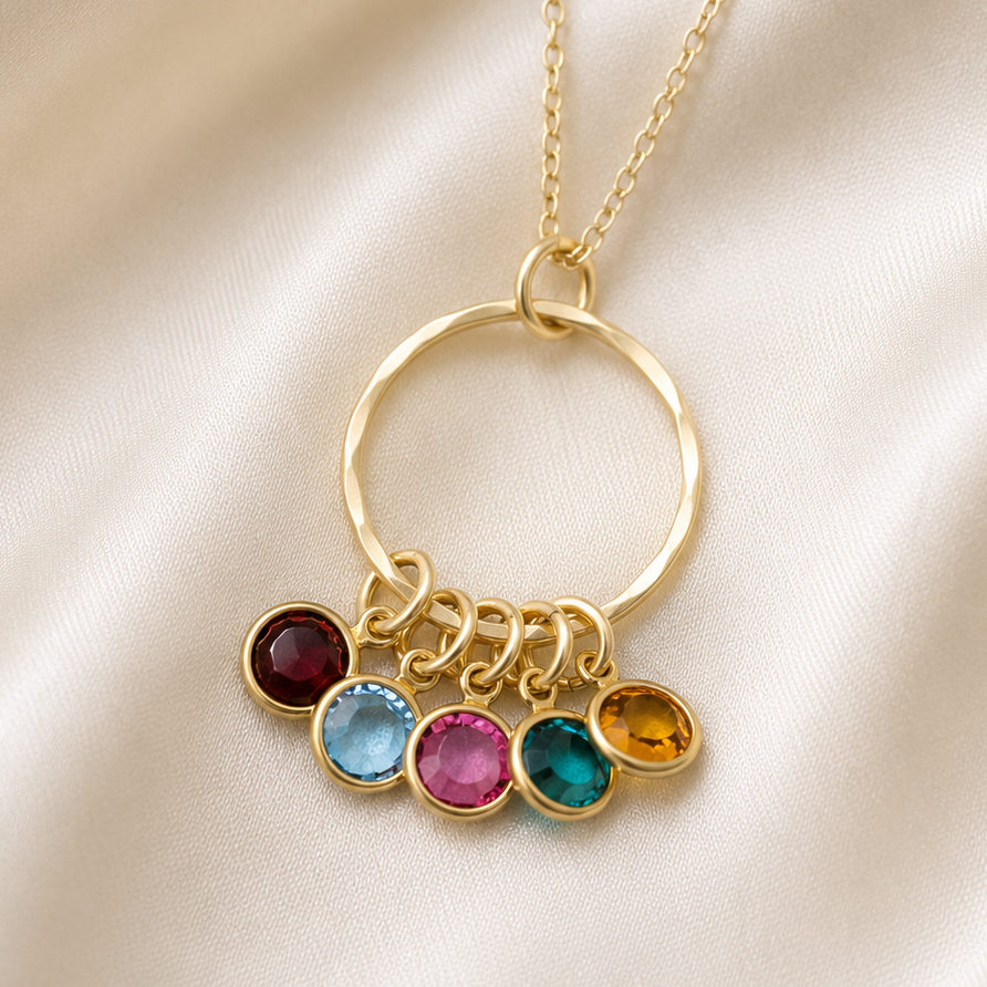 A gold-tone necklace with a large open ring pendant and five dangling oval gemstones in different colors, displayed on a cream satin fabric background.