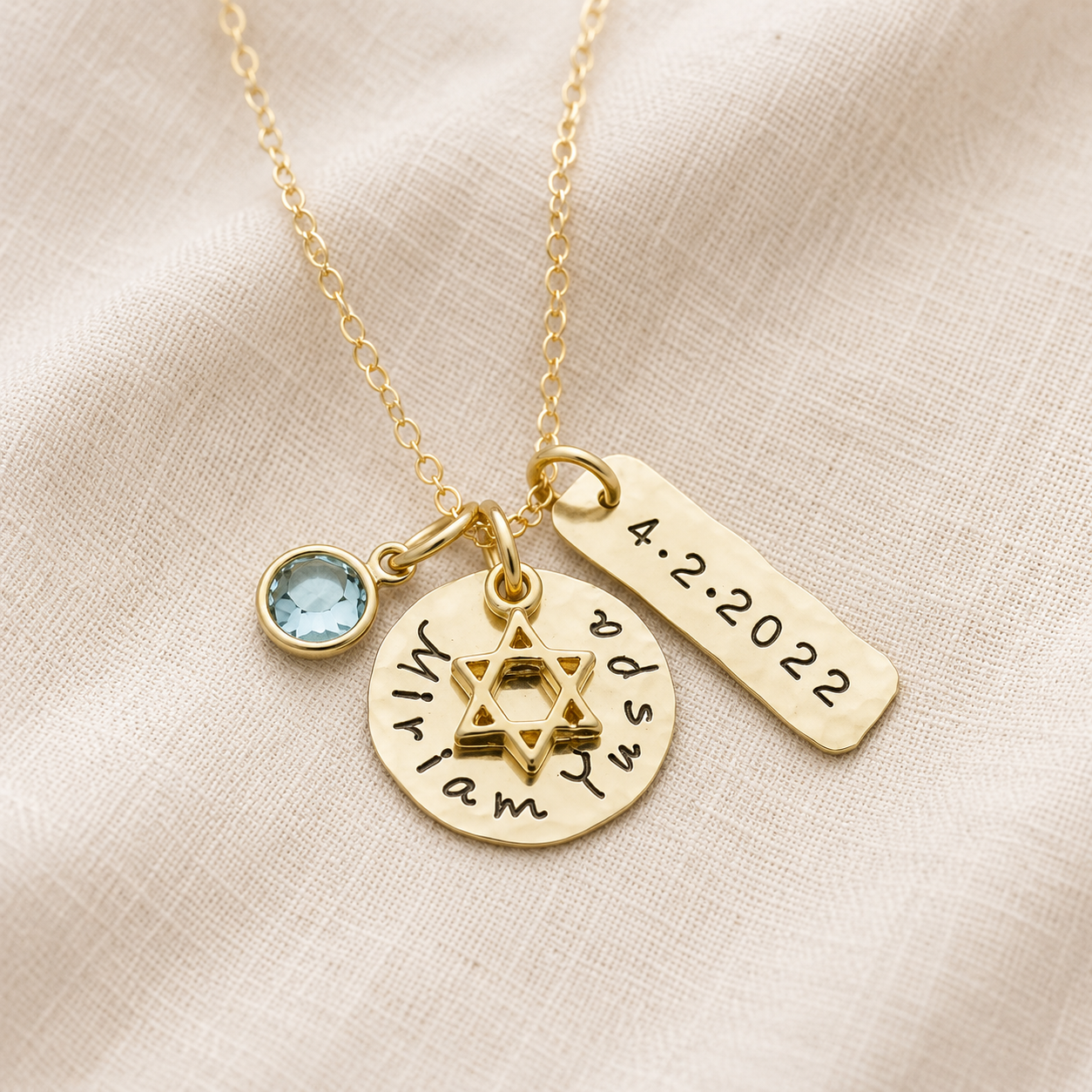Gold Bat Mitzvah Necklace with Date and Birthstone