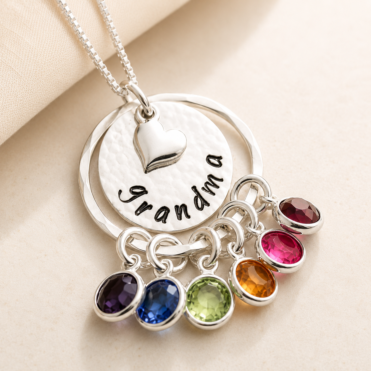 Silver Grandma Necklace with Birthstones