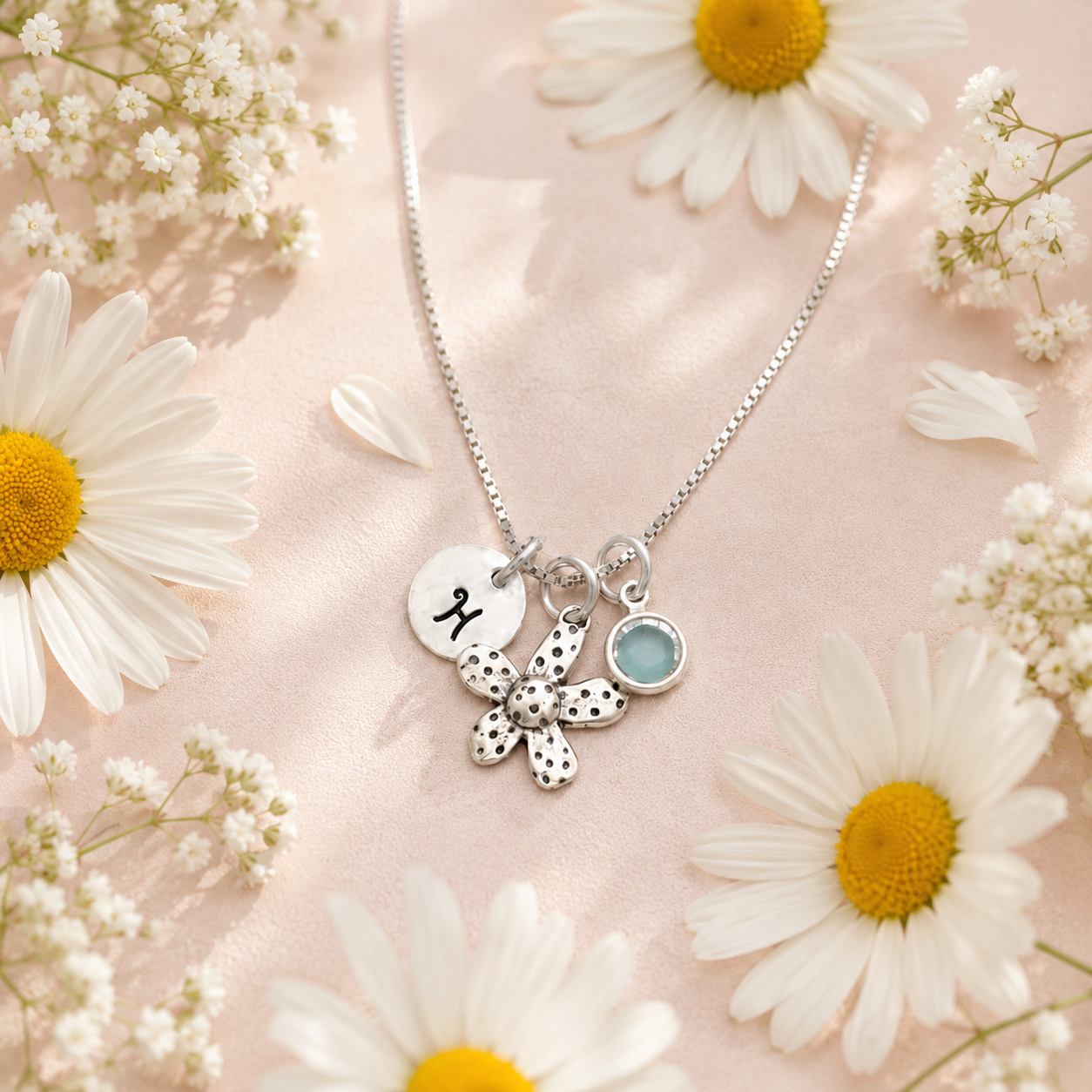 Daisy Necklace with Initial and Birthstone