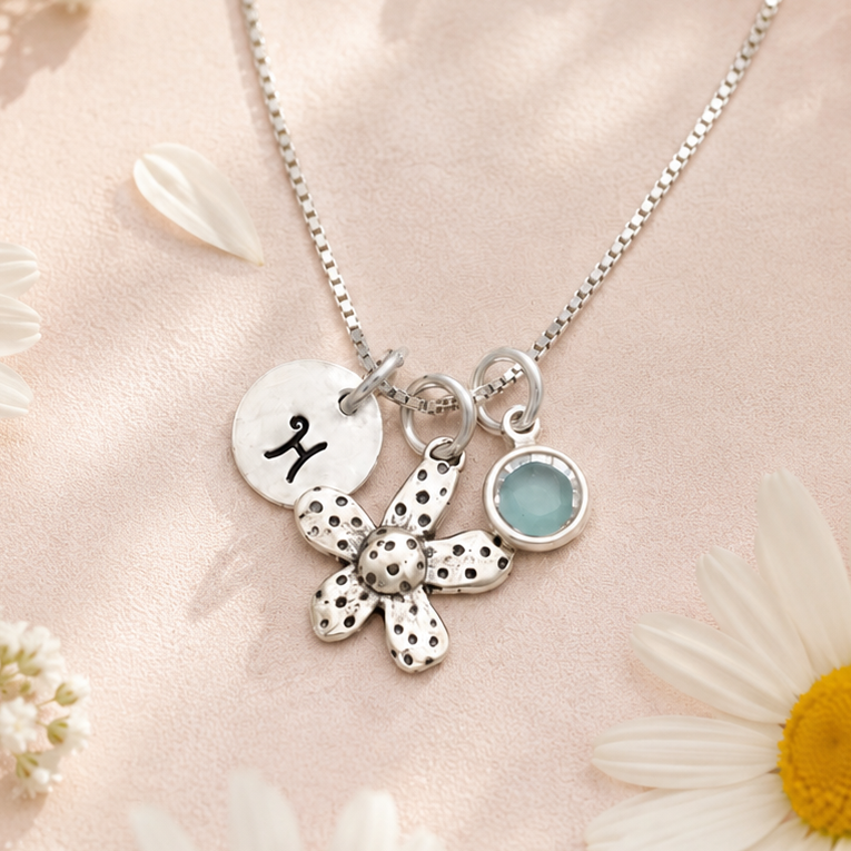 Daisy Necklace with Initial and Birthstone