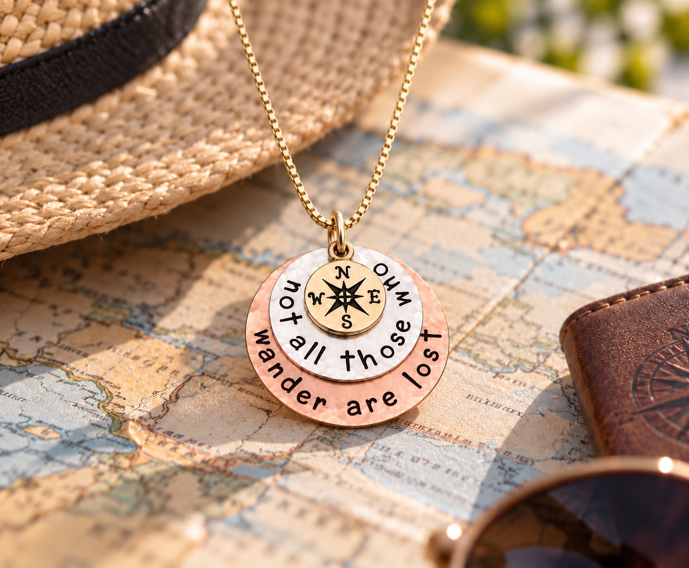 Compass Necklace - Not All Those Who Wander Are Lost Necklace in Sterling Silver, Copper, Brass