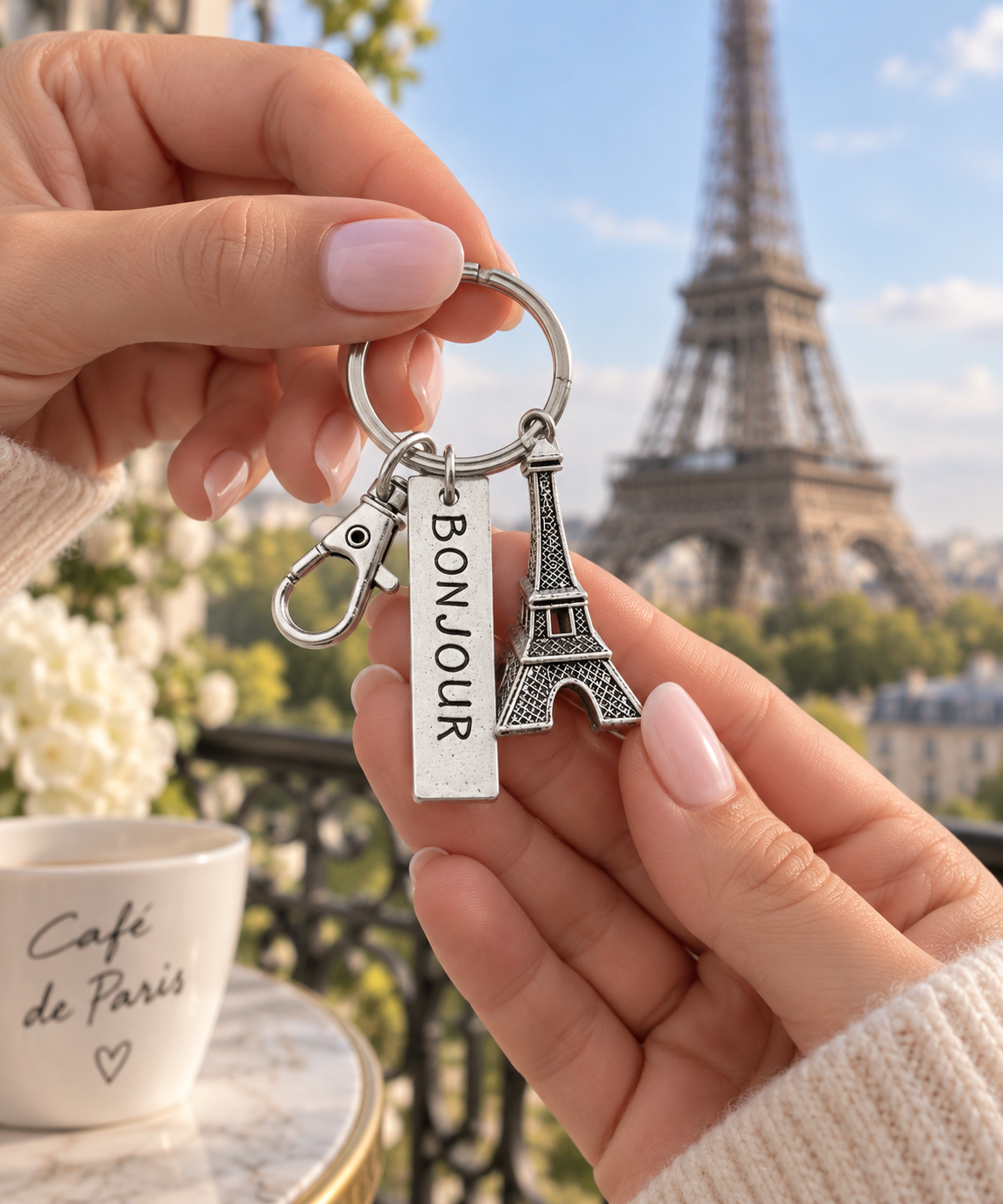 Bonjour Eiffel Tower Keychain