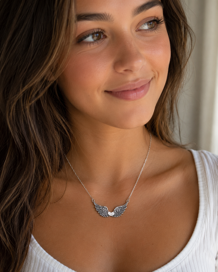 Angel Wing with Heart Bar Necklace
