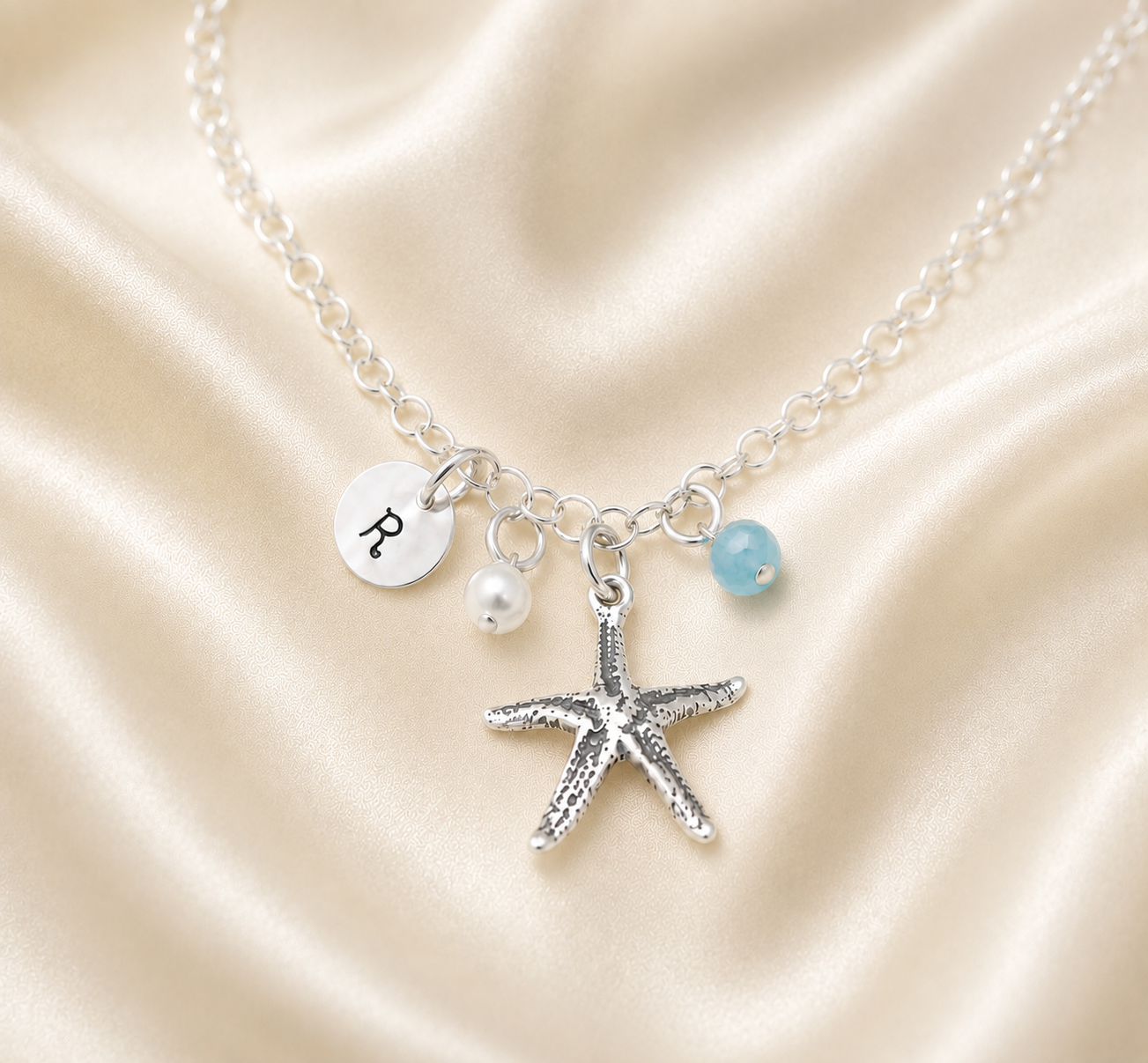 Starfish Anklet with Initial in Sterling Silver