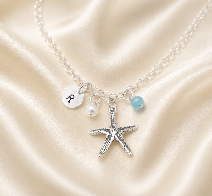 Starfish Anklet with Initial in Sterling Silver