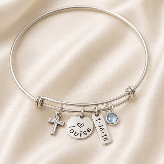Personalized Confirmation Cross Bangle In Silver
