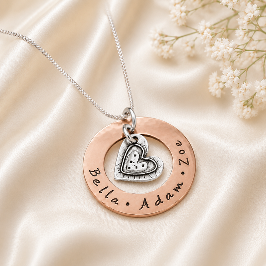 Personalized Mom Necklace with Kids Names, Copper Heart Necklace