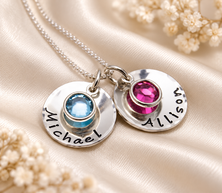 Personalized Cupped Disc with Birthstone Necklace