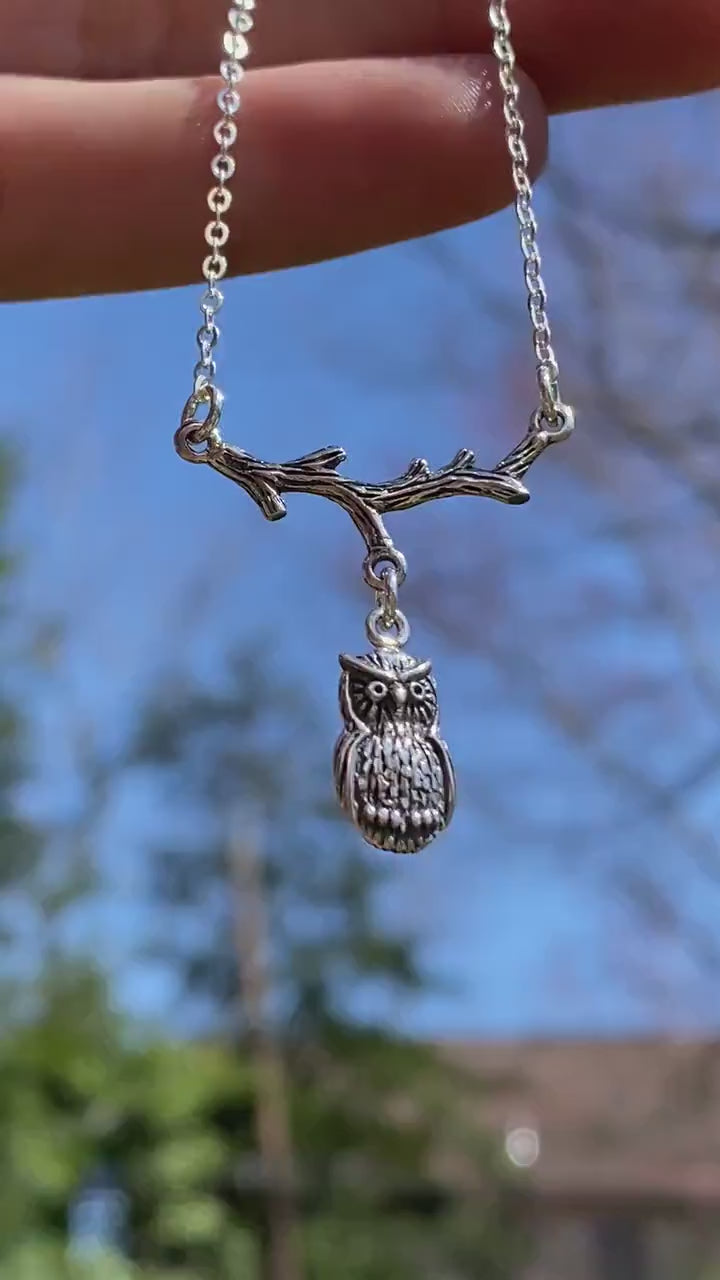 Owl on Tree Branch Necklace Sterling Silver, Horizontal Bar Necklace, Owl Jewelry, Adventure Jewelry, Silver Owl with Branch Rustic Necklace