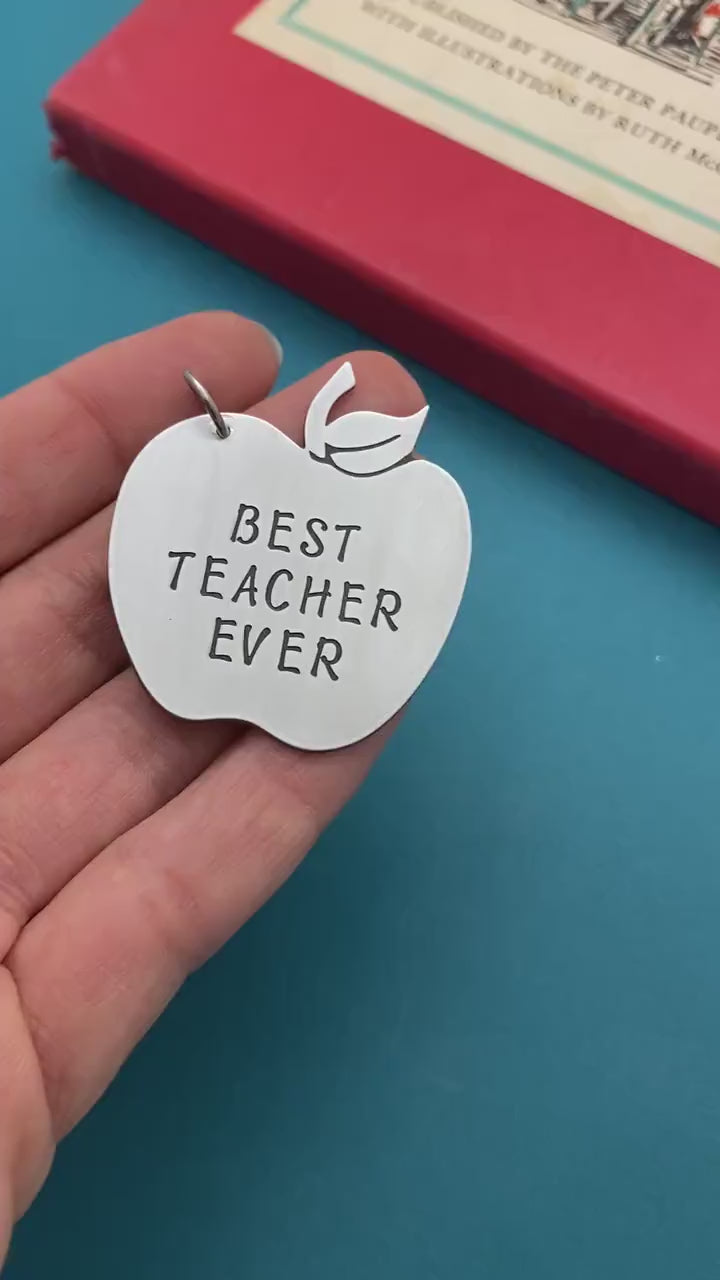 Apple for the Teacher Gift Christmas Ornament Personalized Hand Stamped in Pewter