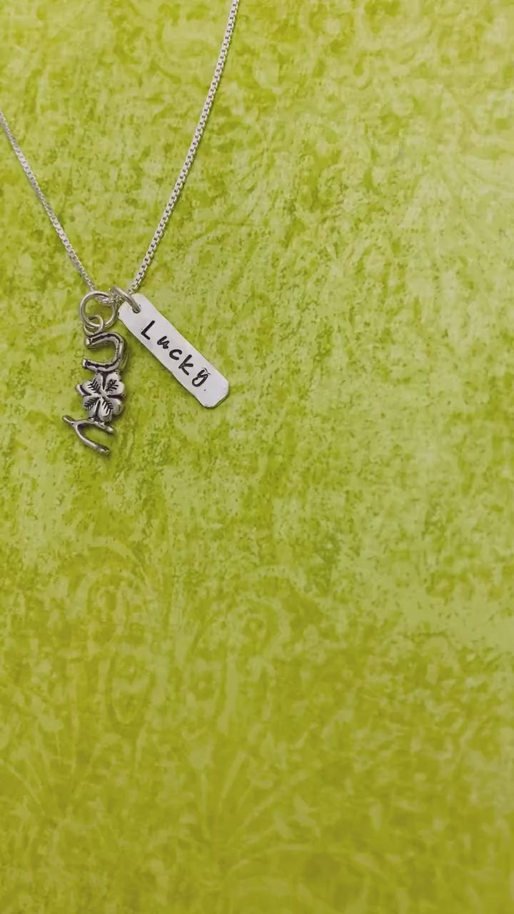 Lucky Charms Necklace, Horseshoe 4 Leaf Clover Wishbone Charm Necklace, Sterling Silver Lucky Charm Necklace, Hand Stamped Jewelry, St Paddy